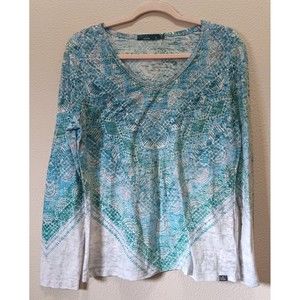 Prana Long Sleeve Tee Womens XL Organic Cotton V Neck Geometric Pattern Blue